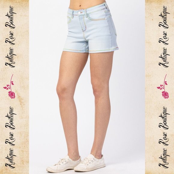 🌹 Judy Blue Rainbow Thread Mid Rise Shorts - Picture 2 of 11
